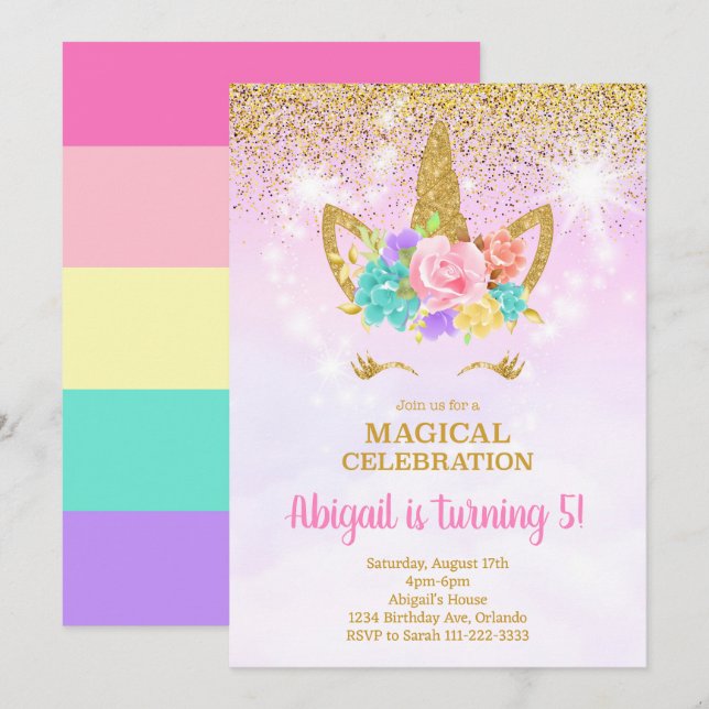 Glitter Pink Unicorn Birthday Invitation (Front/Back)