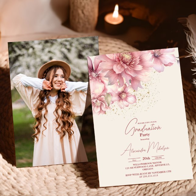 Glitter pink watercolor floral photo graduation invitation (Creator Uploaded)