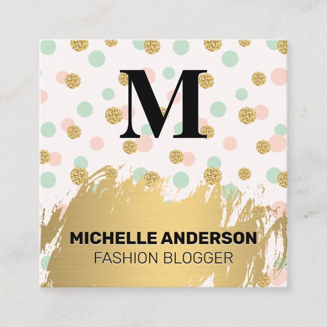 Glitter Polka Dot | Gold Brushed | Monogram Square Business Card (Front)
