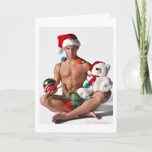 Glitter Pride Gay Christmas Hunk Holiday Card (Front)