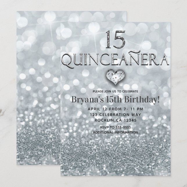 Glitter Princess Silver 15 Quinceañera Party Invitation (Front/Back)