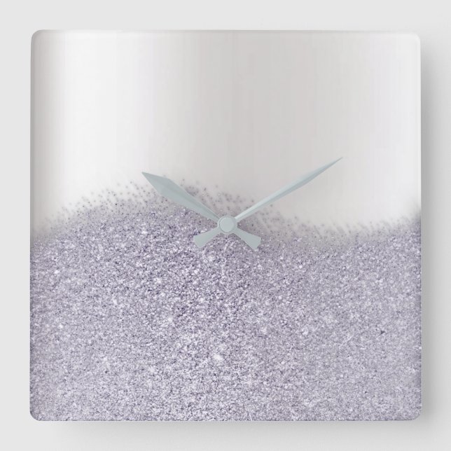 Glitter Purple Amethyst Plum Grey Minimal Metallic Square Wall Clock (Front)
