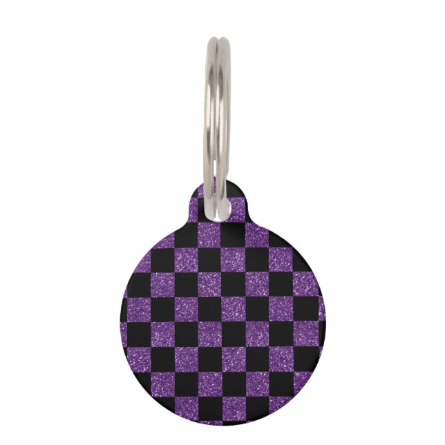 Glitter purple and black chequered pattern pet tag (Front)