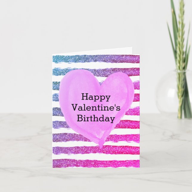 Glitter Purple and Pink Heart Valentine Birthday Card (Front)