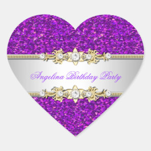 Glitter Purple Birthday Party Gold Jewel Diamond Heart Sticker