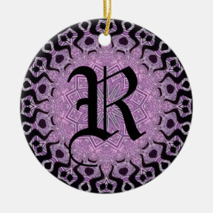 Glitter Purple Black Tribal Monogram Ceramic Ornament