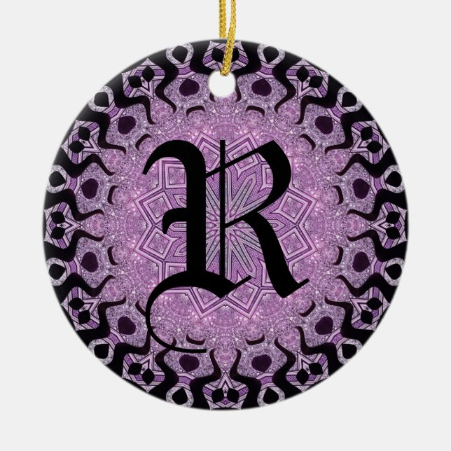 Glitter Purple Black Tribal Monogram Ceramic Ornament (Front)