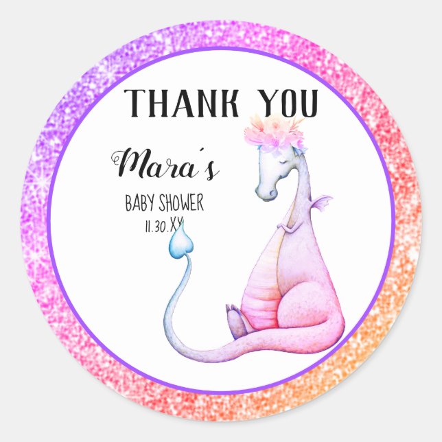 *~* Glitter Purple Dragon Baby Girl Thank You Classic Round Sticker (Front)
