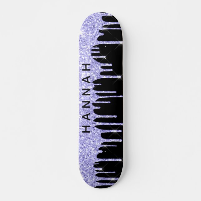 Glitter Purple Drips Personalised Black Skateboard (Front)
