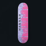 Glitter Purple Drips Personalised Hot Pink Skateboard<br><div class="desc">Personalised girly skateboard featuring purple faux glitter dripping against a hot pink background. You can add your first name in bold letters across the glitter.</div>