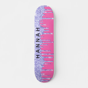 Glitter Purple Drips Personalised Hot Pink Skateboard
