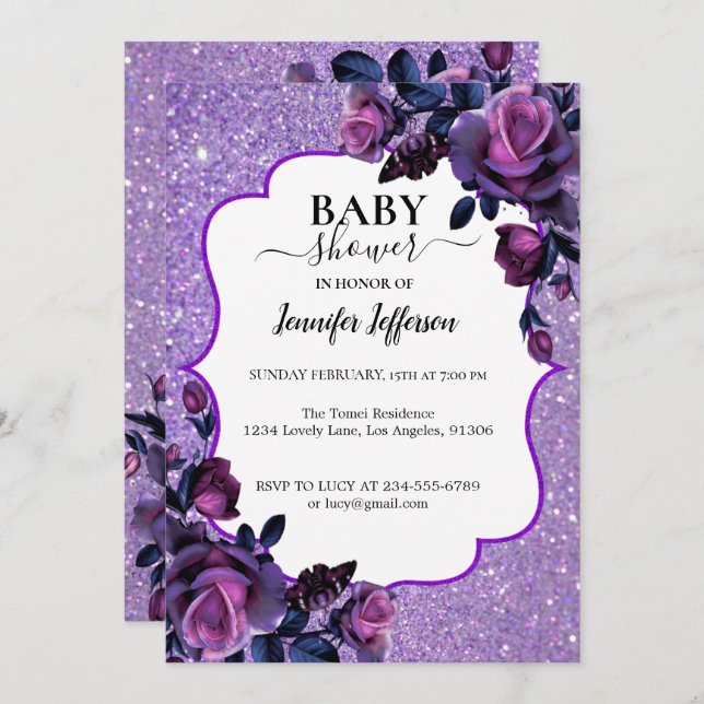 Glitter Purple Floral Baby Shower Invitation (Front/Back)