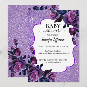 Glitter Purple Floral Baby Shower Invitation