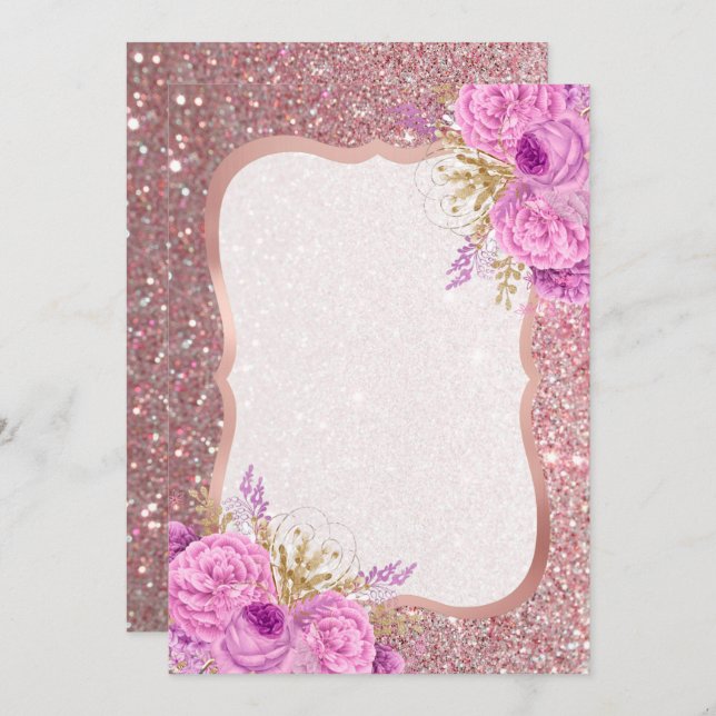 Glitter Purple Floral Blank Invitation (Front/Back)