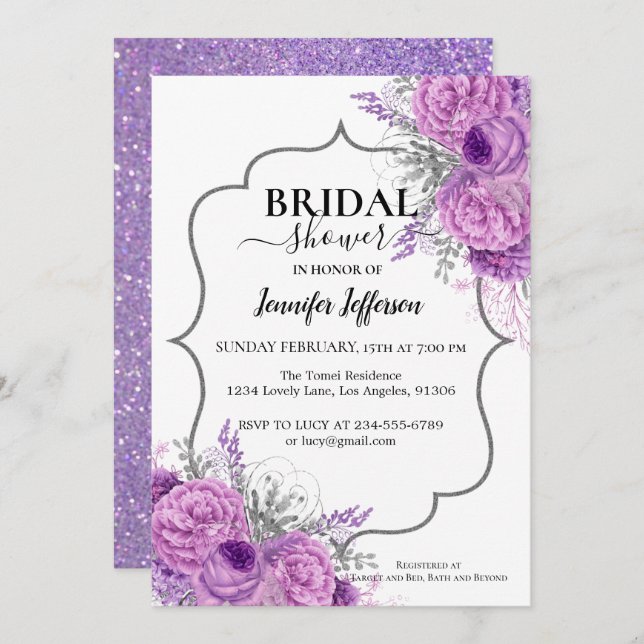 Glitter Purple Floral Bridal Shower Invitation (Front/Back)