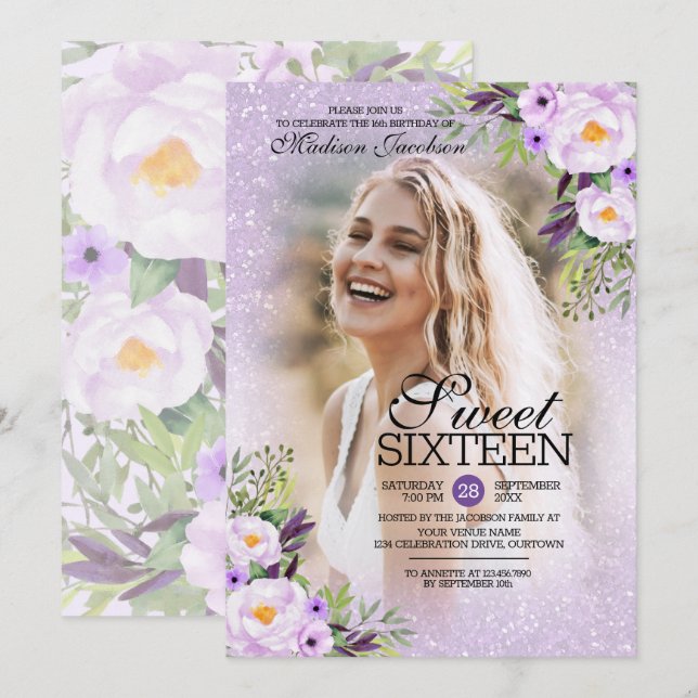 Glitter Purple Floral Photo Template Sweet 16 (Front/Back)