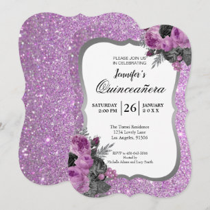 Glitter Purple Floral Quinceanera Invitation