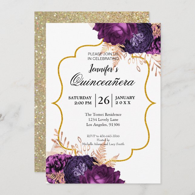 Glitter Purple Floral Quinceanera Invitation (Front/Back)