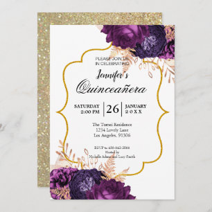 Glitter Purple Floral Quinceanera Invitation