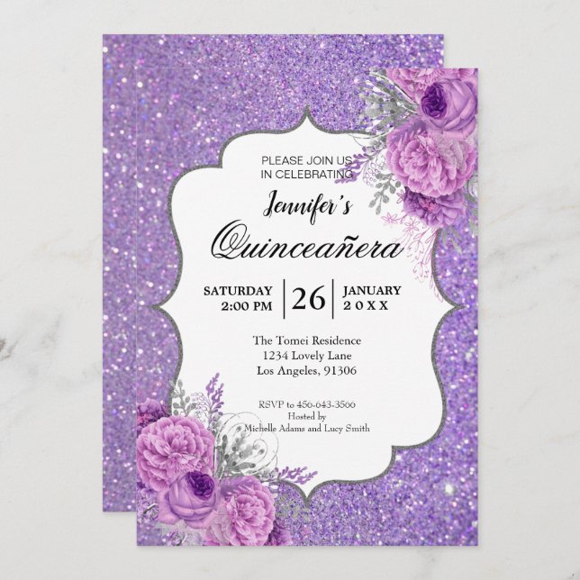 Glitter Purple Floral Quinceanera Invitation (Front/Back)