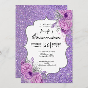 Glitter Purple Floral Quinceanera Invitation
