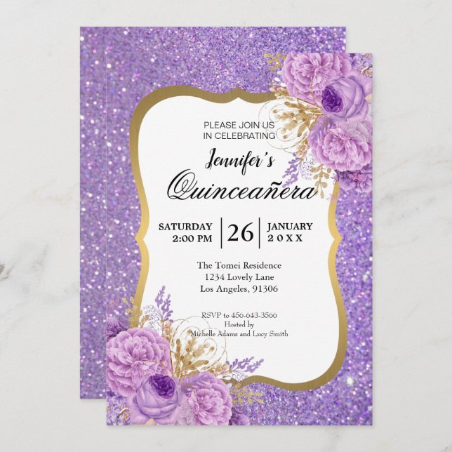 Glitter Purple Floral Quinceanera Invitation (Front/Back)