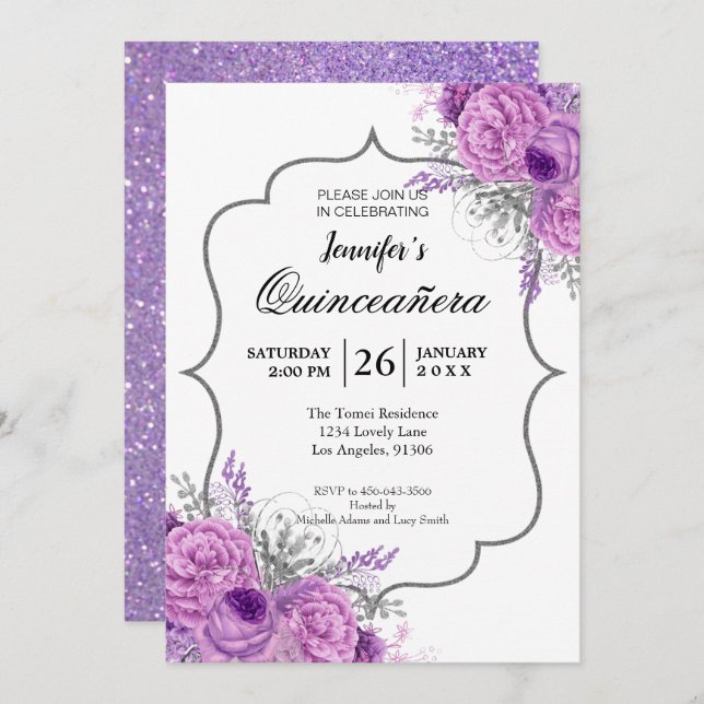Glitter Purple Floral Quinceanera Invitation (Front/Back)