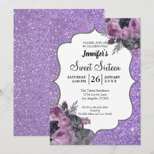 Glitter Purple Floral Sweet 16 Birthday Invitation