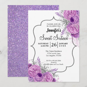 Glitter Purple Floral Sweet 16 Birthday Invitation