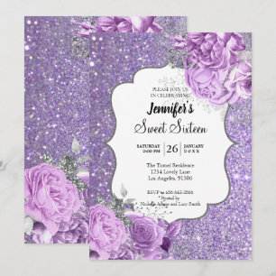 Glitter Purple Floral Sweet 16 Birthday Invitation