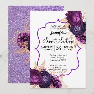 Glitter Purple Floral Sweet 16 Birthday Invitation