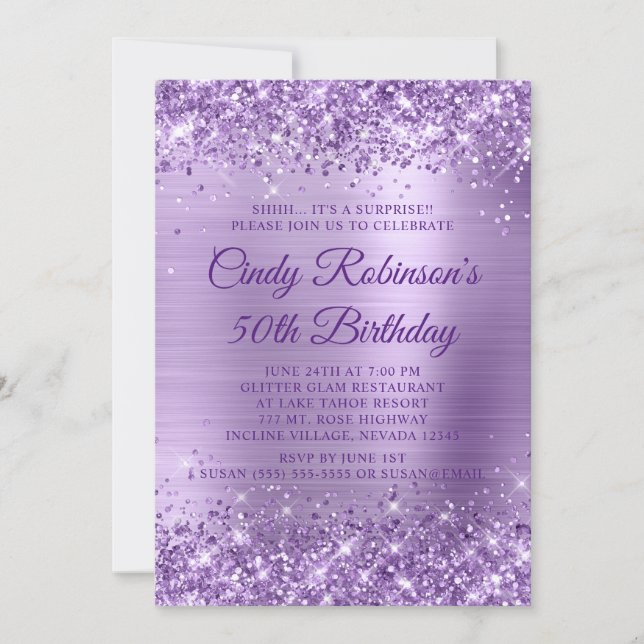 Glitter Purple Foil Surprise 50th Birthday Invitation (Front)
