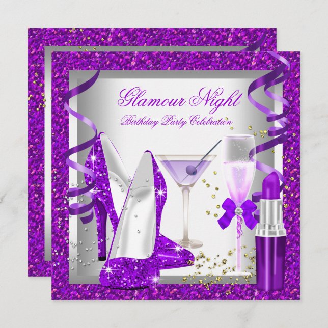 Glitter Purple Glamour Night Drinks Birthday Party Invitation (Front/Back)