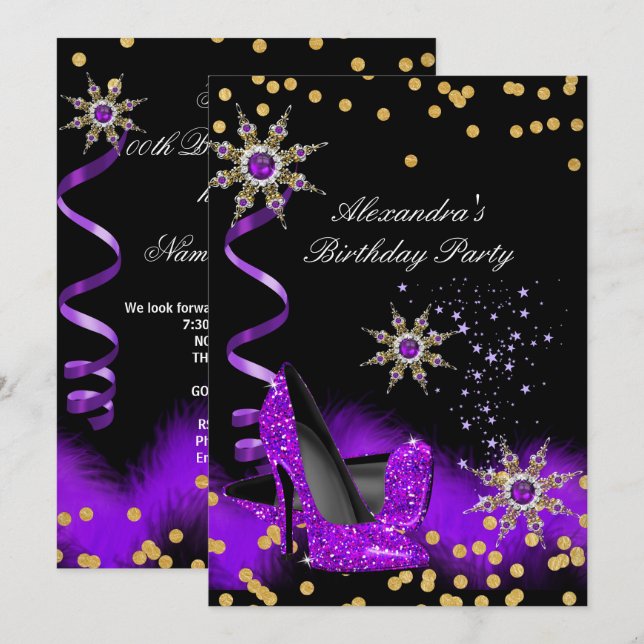 Glitter Purple High Heel Black Gold Birthday Party Invitation (Front/Back)