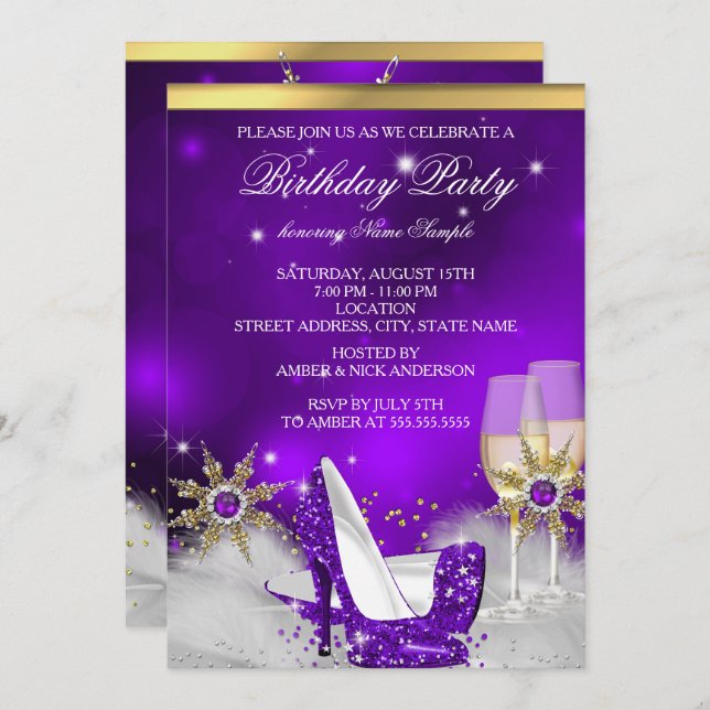 Glitter Purple High Heel Shoes Gold Champagne Invitation (Front/Back)