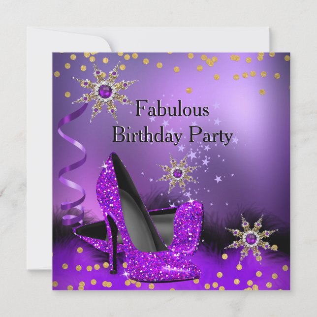Glitter Purple High Heels Birthday Party Pearl Invitation (Front)