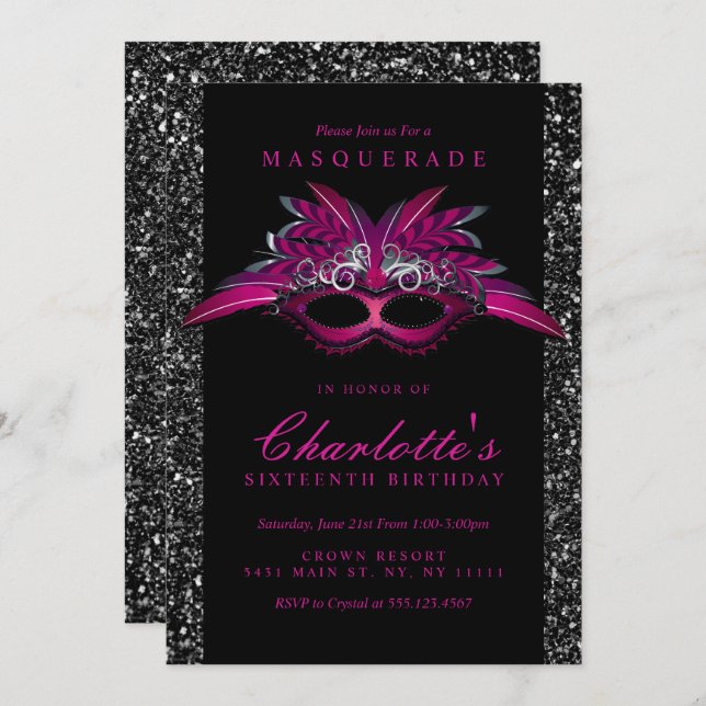 Glitter, Purple Masquerade Party Invitations (Front/Back)