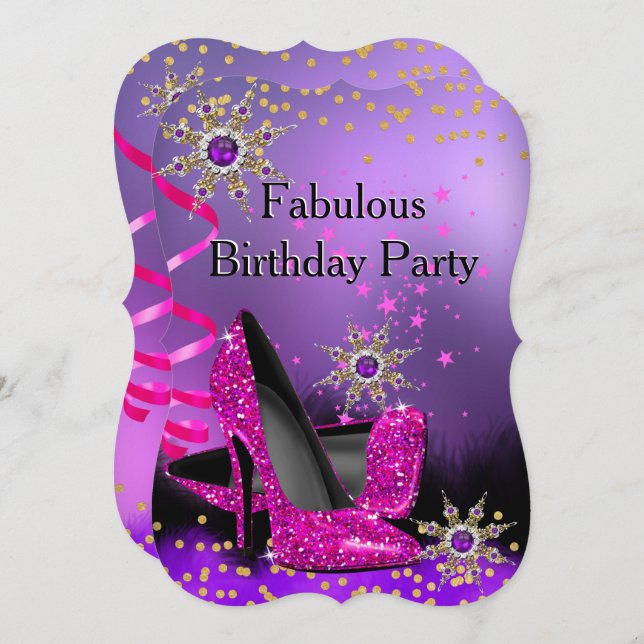 Glitter Purple Pink Heel Birthday Party Pearl Invitation (Front/Back)