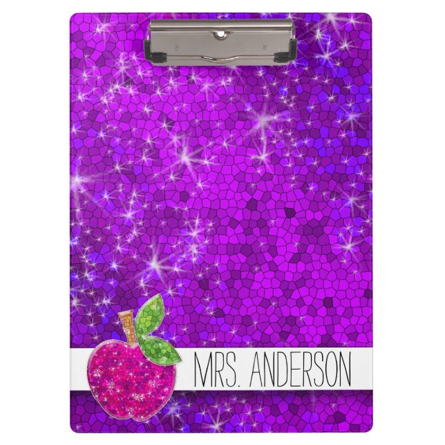 Glitter Purple Pink Teachers Apple Classroom Name Clipboard (Front)