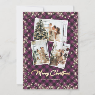 Glitter Purple Plaid Gold 3 Photo Merry Christmas Holiday Card