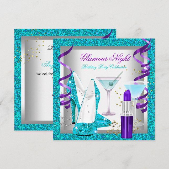 Glitter Purple Teal Glamour Night Martini Party Invitation (Front/Back)