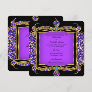 Glitter Purple Teal Gold Black Birthday Party Invitation