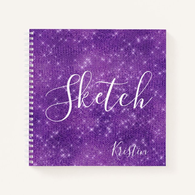 Glitter Purple White Script Your Name Sketchbook Notebook (Front)
