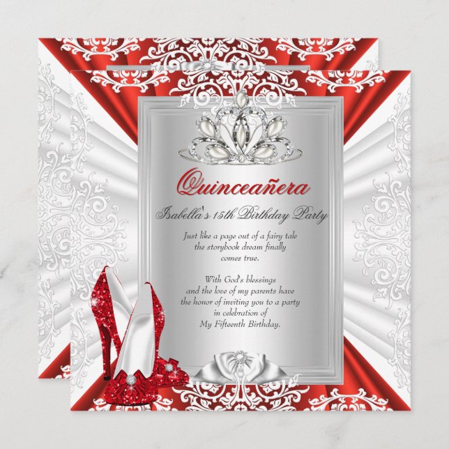 Glitter Quinceanera 15th Birthday Party Red Heels Invitation (Front/Back)