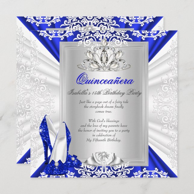 Glitter Quinceanera 15th Birthday Royal Blue Heels Invitation (Front/Back)