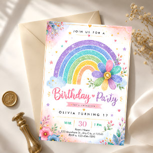 Glitter Rainbow 17th Birthday Invitation