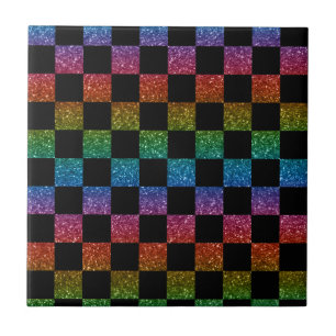 Glitter rainbow and black chequered pattern ceramic tile