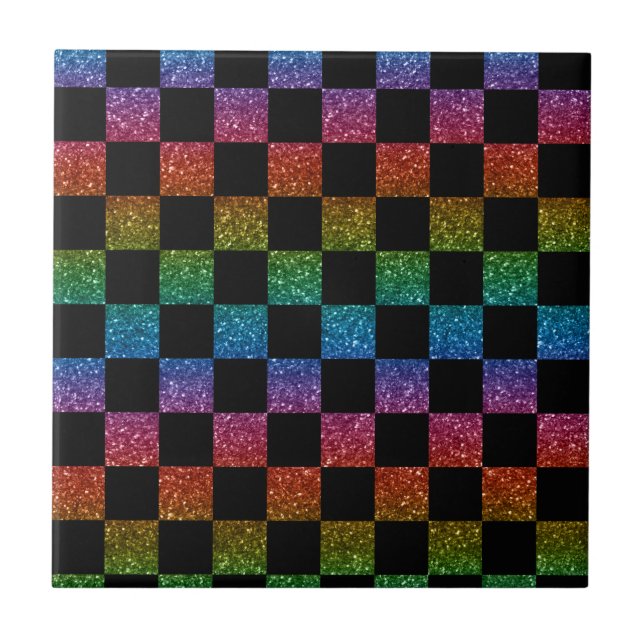 Glitter rainbow and black chequered pattern ceramic tile (Front)
