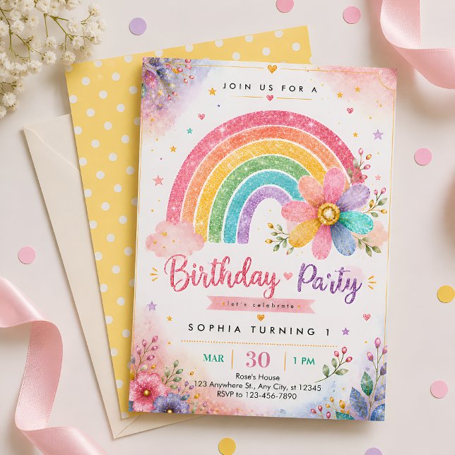 Glitter Rainbow First Birthday Invitation (Creator Uploaded)