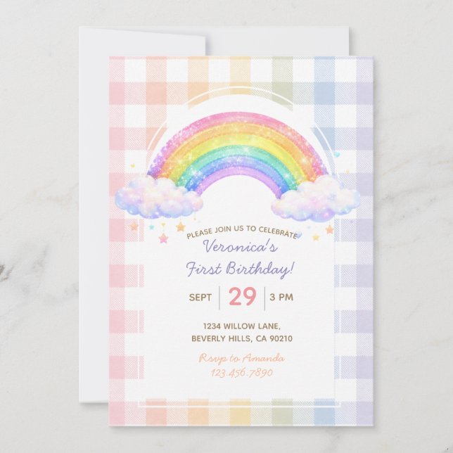 Glitter Rainbow Gingham First Birthday Invitation (Front)